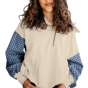 Women's Parchment Checkered Patchwork Half Zipper Hoodie with Kangaroo Pocket - Main View