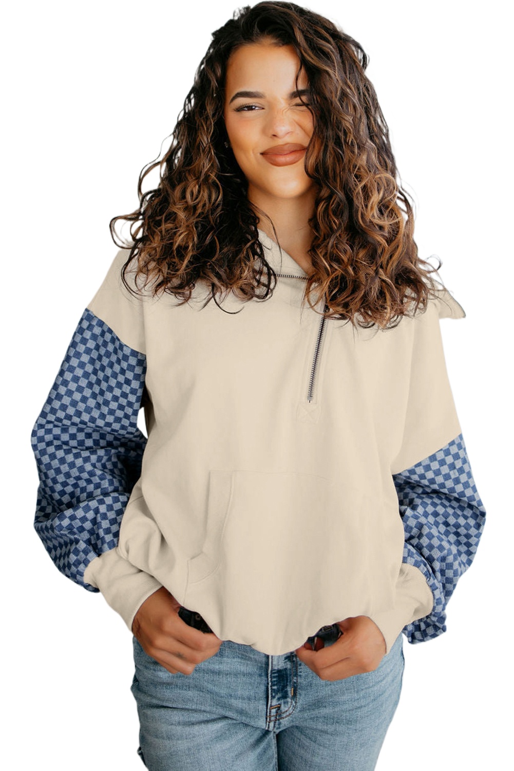 Women's Parchment Checkered Patchwork Half Zipper Hoodie with Kangaroo Pocket - Main View Women's Parchment Checkered Patchwork Half Zipper Hoodie with Kangaroo Pocket - Main View