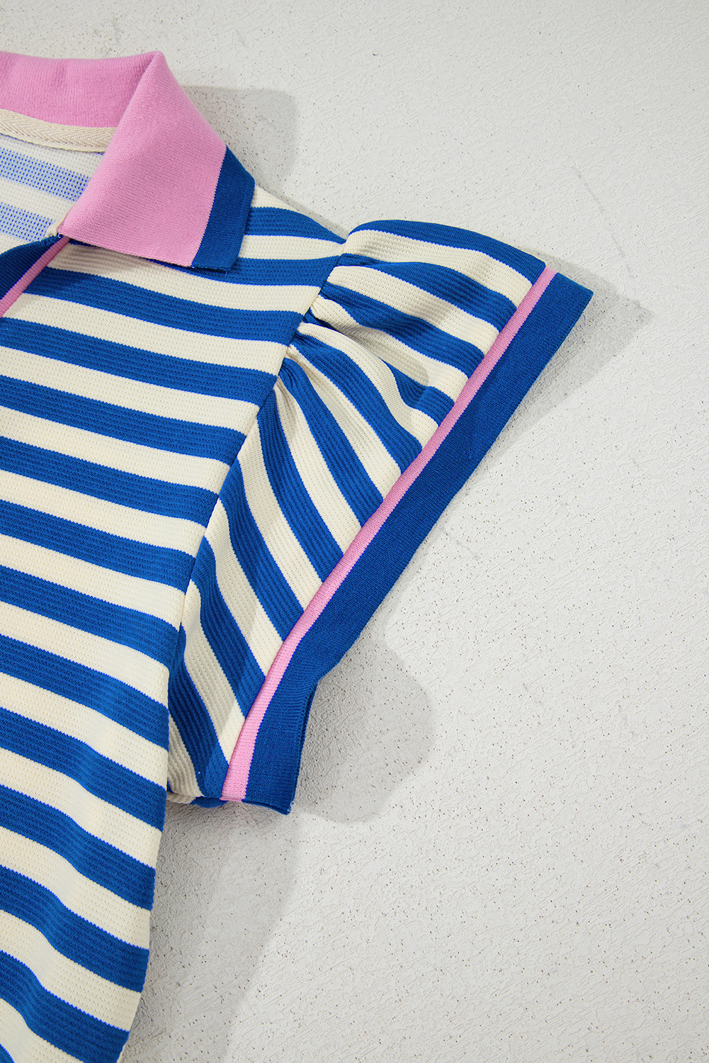 Women's Dress, Dark Blue, Stripe Print, Contrast Collar, Split Neck, Flutter Sleeves, Short Dress, Casual Wear, Semi-Formal, Chic Style, Feminine Silhouette, Summer Fashion, Mini Dresses, Comfortable Fit - Detail View 8 Women's Dress, Dark Blue, Stripe Print, Contrast Collar, Split Neck, Flutter Sleeves, Short Dress, Casual Wear, Semi-Formal, Chic Style, Feminine Silhouette, Summer Fashion, Mini Dresses, Comfortable Fit - Detail View 8