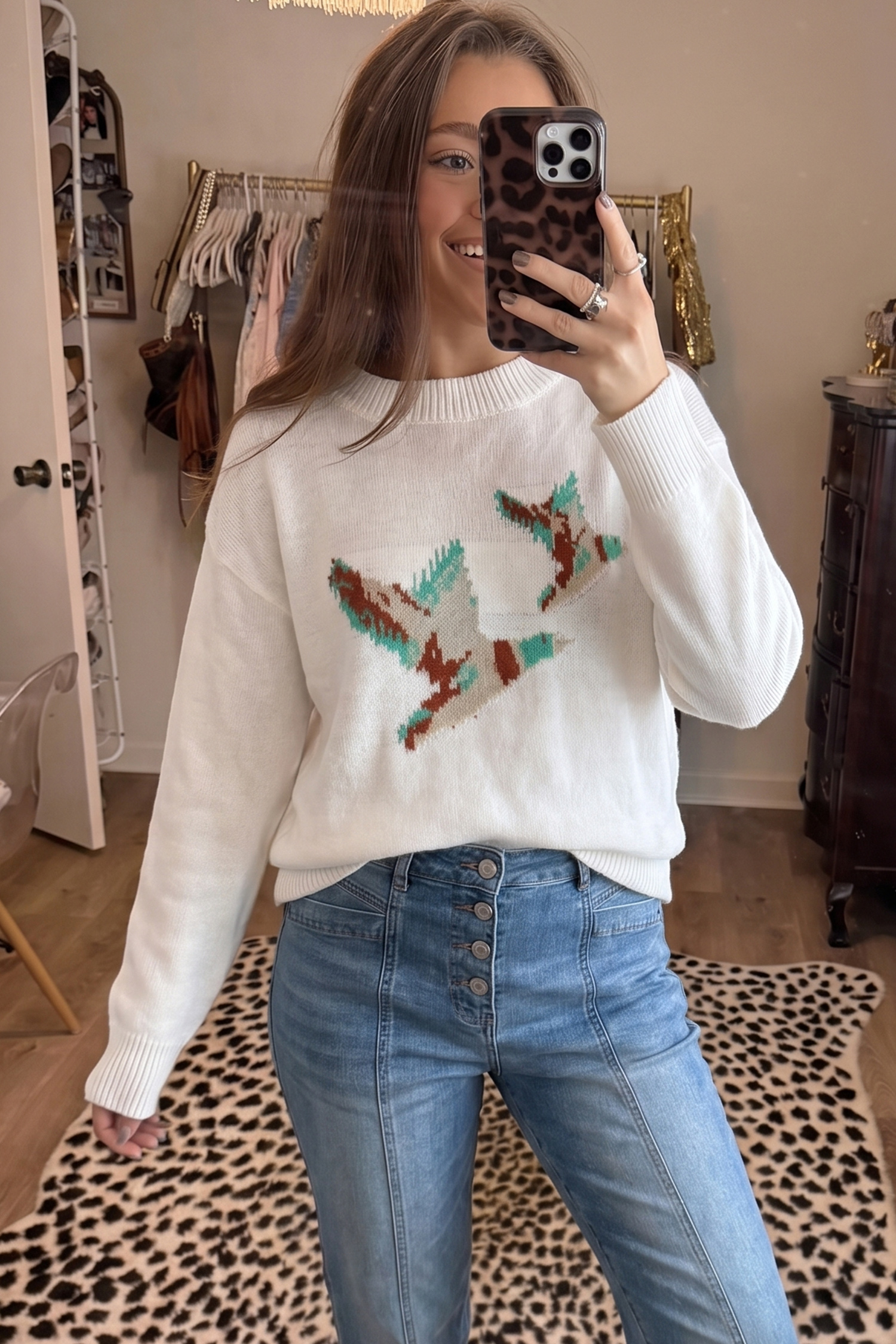 White Long Sleeve Knit Top, Country Style Duck Pattern - Detail View 14 White Long Sleeve Knit Top, Country Style Duck Pattern - Detail View 14