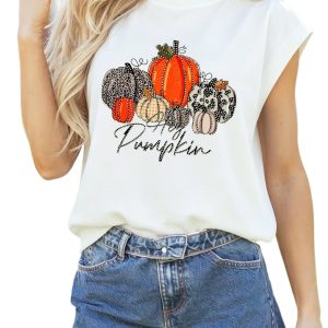 Women's Pumpkin Graphic Cap Sleeve Top, Casual Mock Neck - Main View