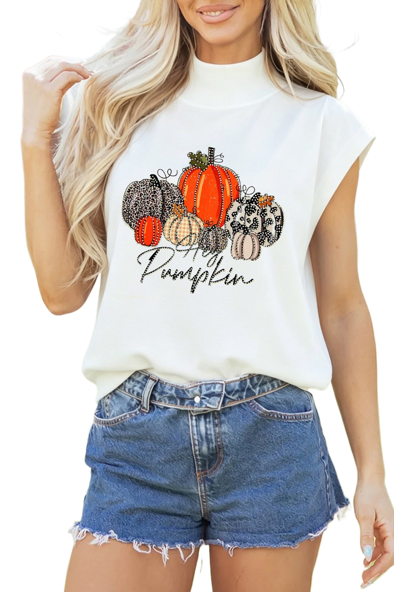 Women's Pumpkin Graphic Cap Sleeve Top, Casual Mock Neck - Main View Women's Pumpkin Graphic Cap Sleeve Top, Casual Mock Neck - Main View