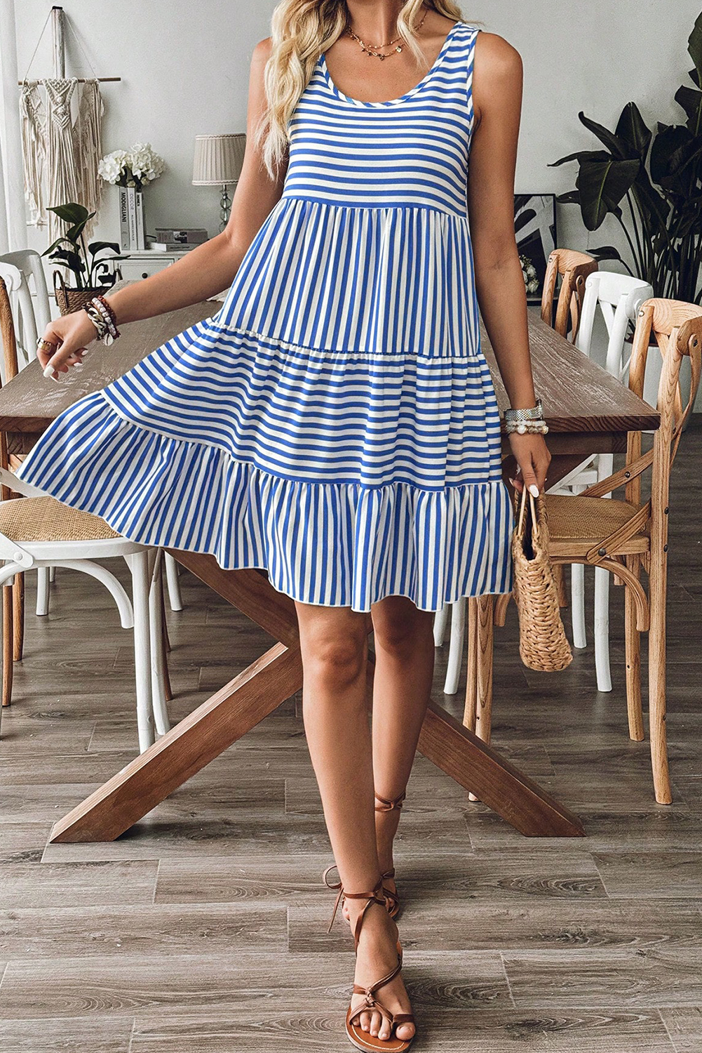 Chic U Neckline Mini Dress with Sleeveless Design and High Waist - Sky Blue Stripe - Detail View 6 Chic U Neckline Mini Dress with Sleeveless Design and High Waist - Sky Blue Stripe - Detail View 6