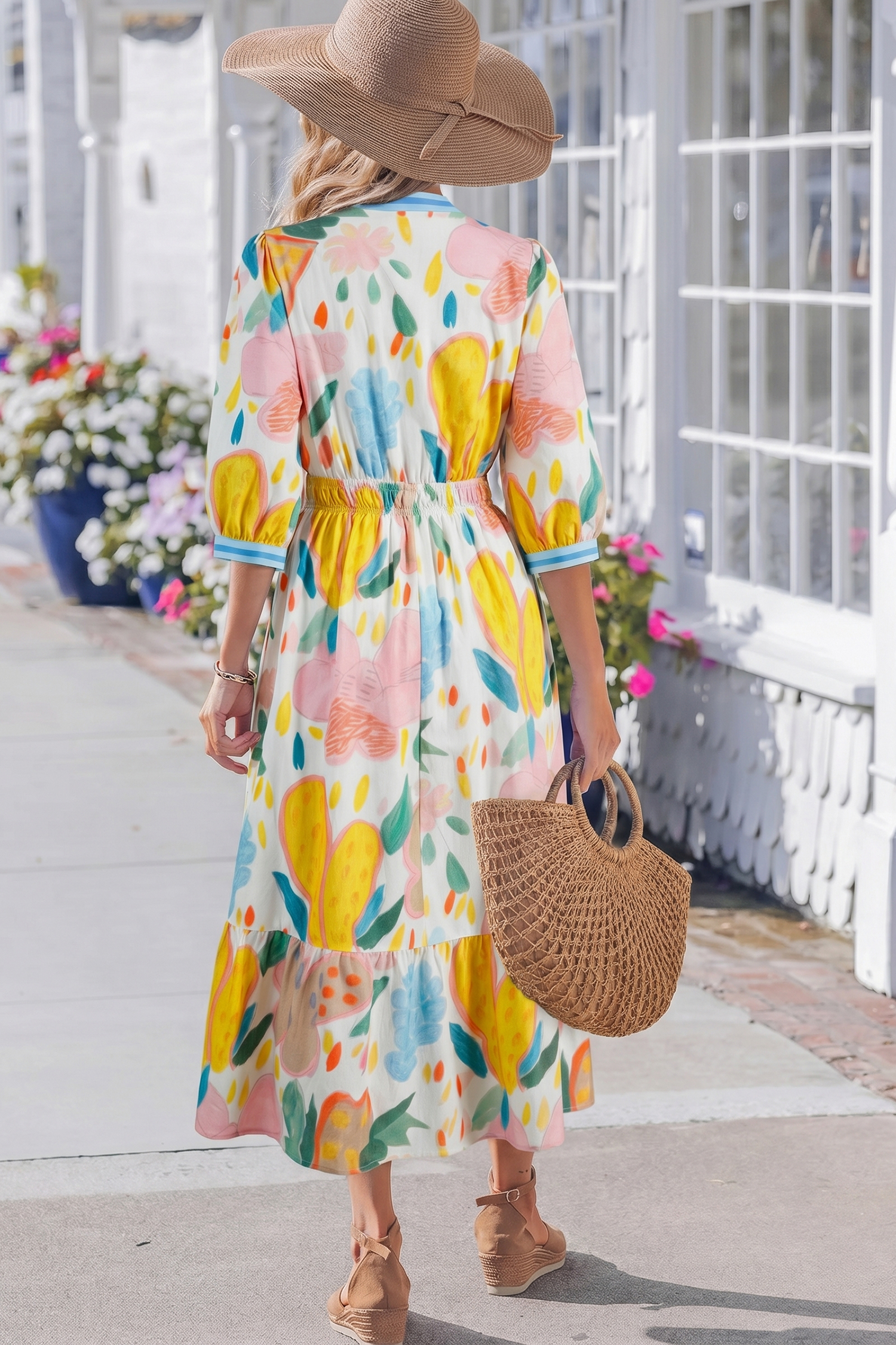 Southern Belle Women's Floral Midi Dress – Striped Trim V Neck High Waist Long Dress for Easter and Daily Wear - Detail View 2 Southern Belle Women's Floral Midi Dress – Striped Trim V Neck High Waist Long Dress for Easter and Daily Wear - Detail View 2