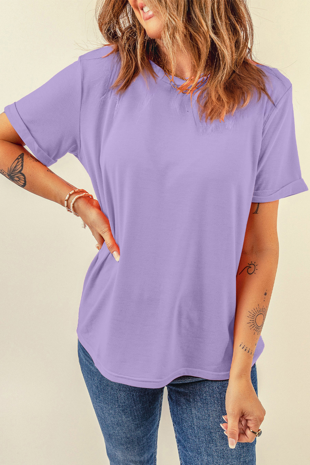 Women's Tee, Wisteria, Crew Neck, Casual, Short Sleeve, Soft Fabric, Breathable, Summer Wear, Daily Wear, Solid Color, Comfortable, Chic Design, Versatile Top, Tops & Tees - Detail View 4 Women's Tee, Wisteria, Crew Neck, Casual, Short Sleeve, Soft Fabric, Breathable, Summer Wear, Daily Wear, Solid Color, Comfortable, Chic Design, Versatile Top, Tops & Tees - Detail View 4