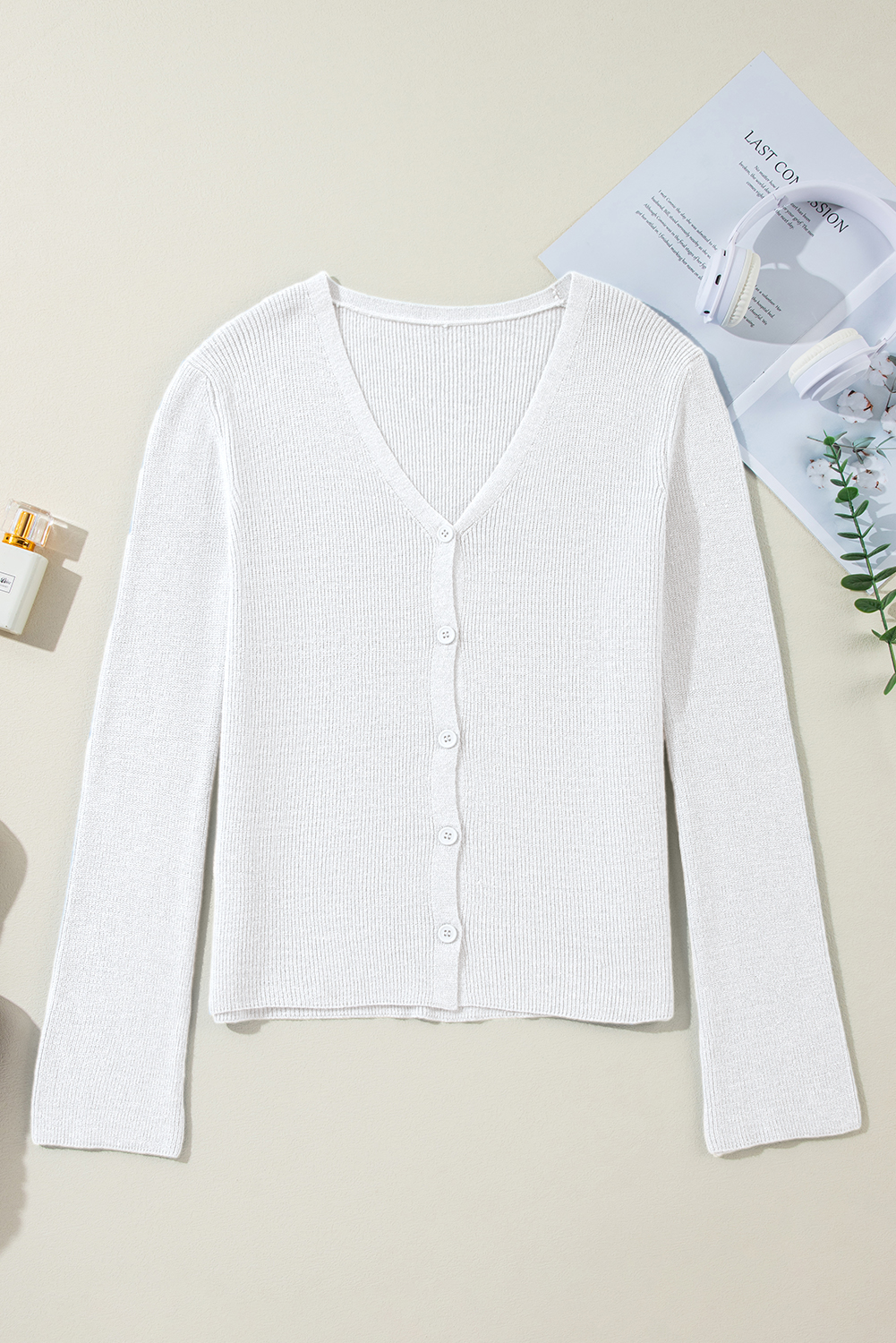 Women's White Lightweight Ribbed Knit Button Front V Neck Cardigan for Casual Fall Days - Detail View 9 Women's White Lightweight Ribbed Knit Button Front V Neck Cardigan for Casual Fall Days - Detail View 9