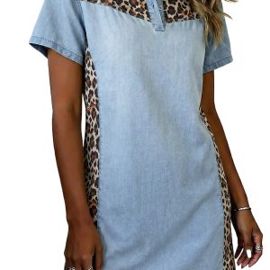Women's Denim Mini Dress – Short Sleeve Leopard Print Patchwork Shift Dress for Daily Wear - Main View
