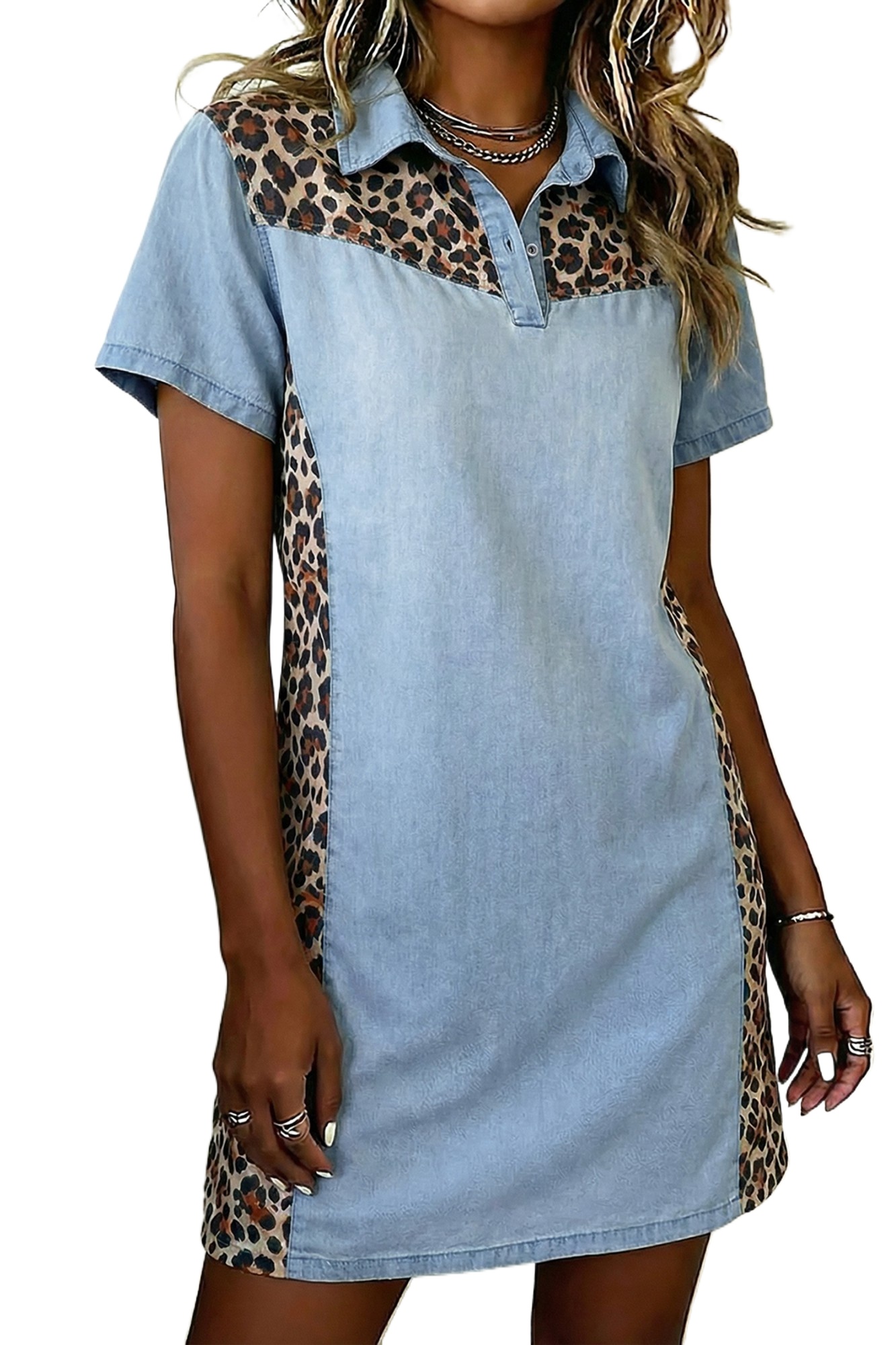 Women's Denim Mini Dress – Short Sleeve Leopard Print Patchwork Shift Dress for Daily Wear - Main View Women's Denim Mini Dress – Short Sleeve Leopard Print Patchwork Shift Dress for Daily Wear - Main View