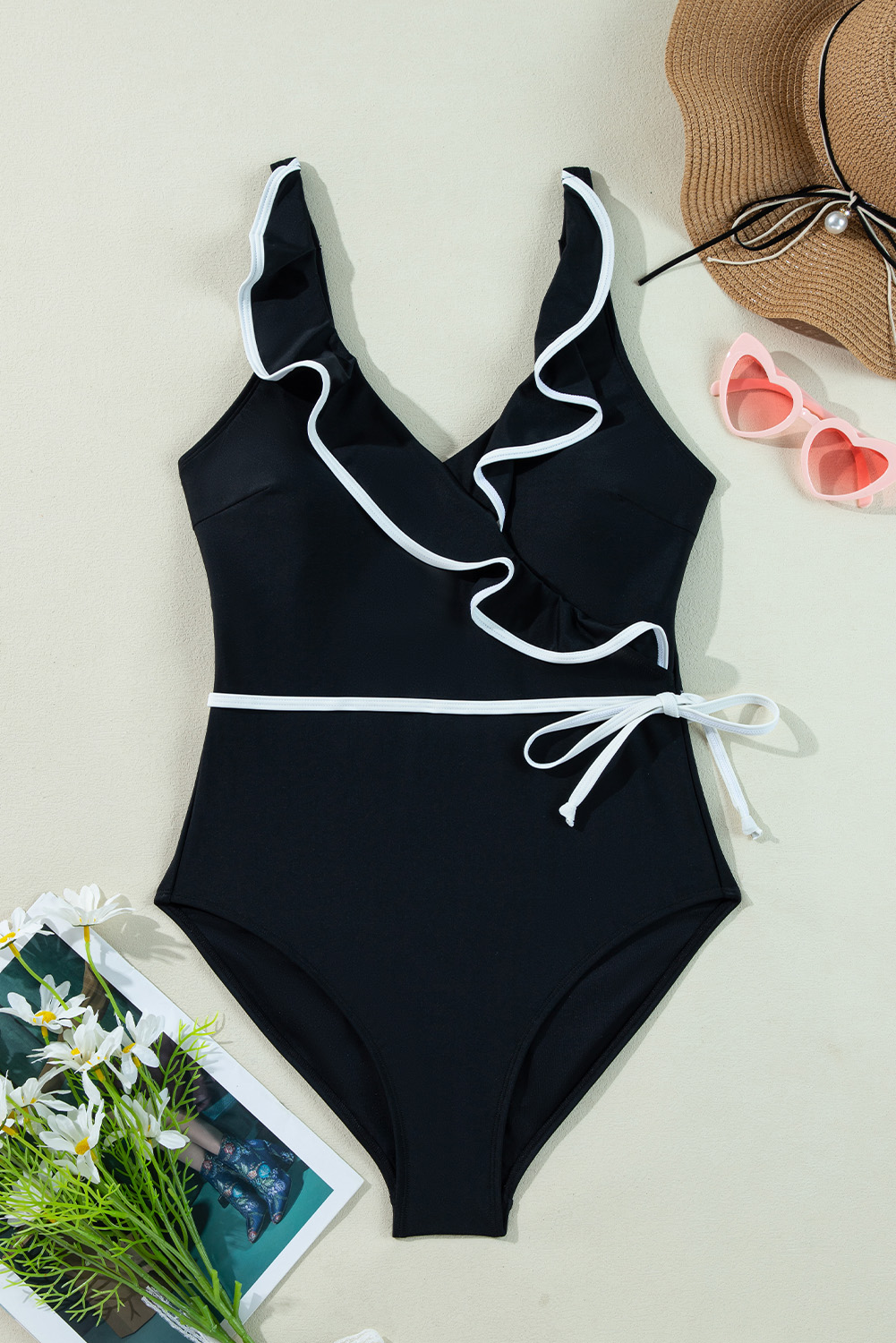 Flattering Black V Neck Swimsuit with Ruffled Details and Waist Tie for Beach Vacations - Detail View 14 Flattering Black V Neck Swimsuit with Ruffled Details and Waist Tie for Beach Vacations - Detail View 14