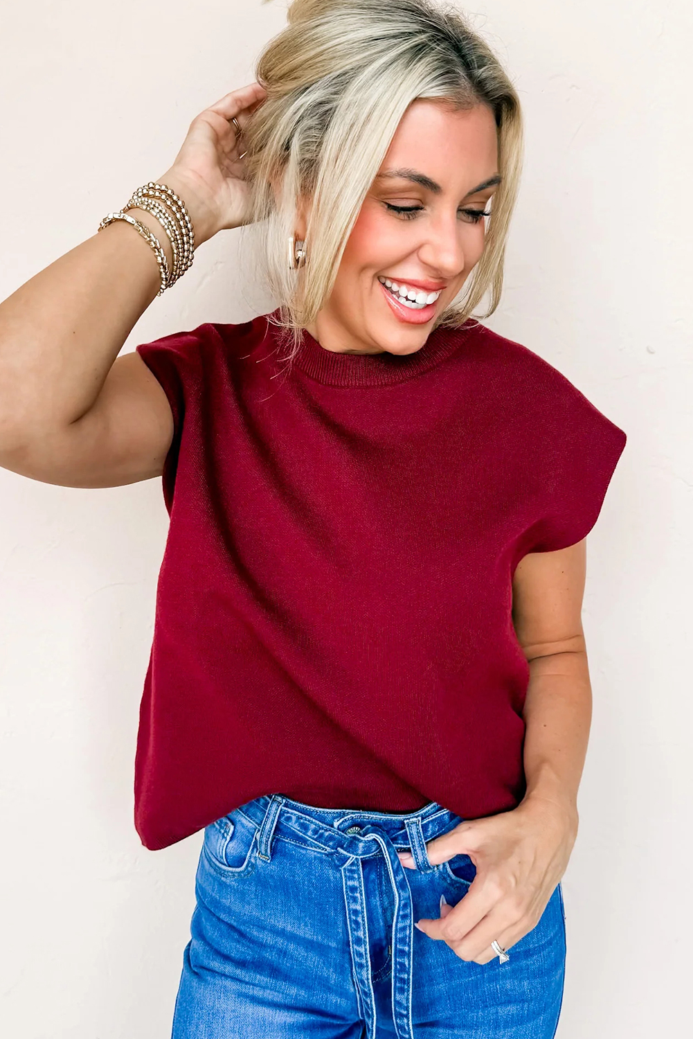 Cozy Racing Red Short Sleeve Knit Sweater for Women – Round Neck Shift Silhouette for Fall Layering - Detail View 5 Cozy Racing Red Short Sleeve Knit Sweater for Women – Round Neck Shift Silhouette for Fall Layering - Detail View 5