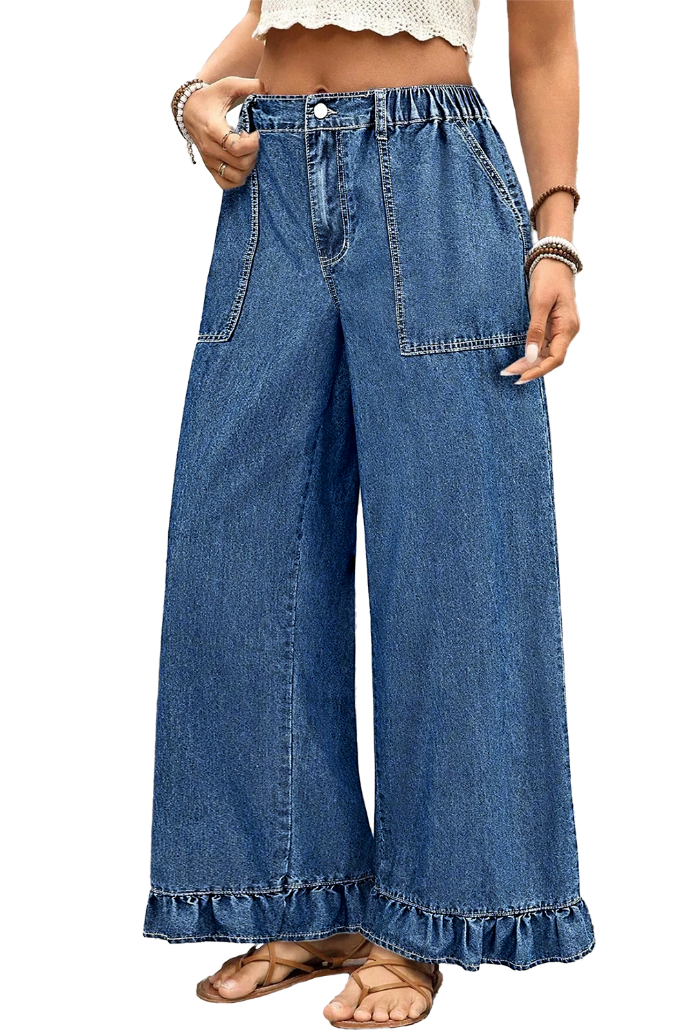 Women's Sail Blue Plus Size Wide Leg Denim Pants – Ruffled, Casual Spring Style - Detail View 19 Women's Sail Blue Plus Size Wide Leg Denim Pants – Ruffled, Casual Spring Style - Detail View 19