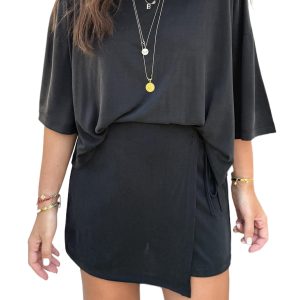 Women's 2-Piece Summer Outfit – Oversized Short Sleeve Tee and Tie Wrap Mini Skort Set, Black - Main View
