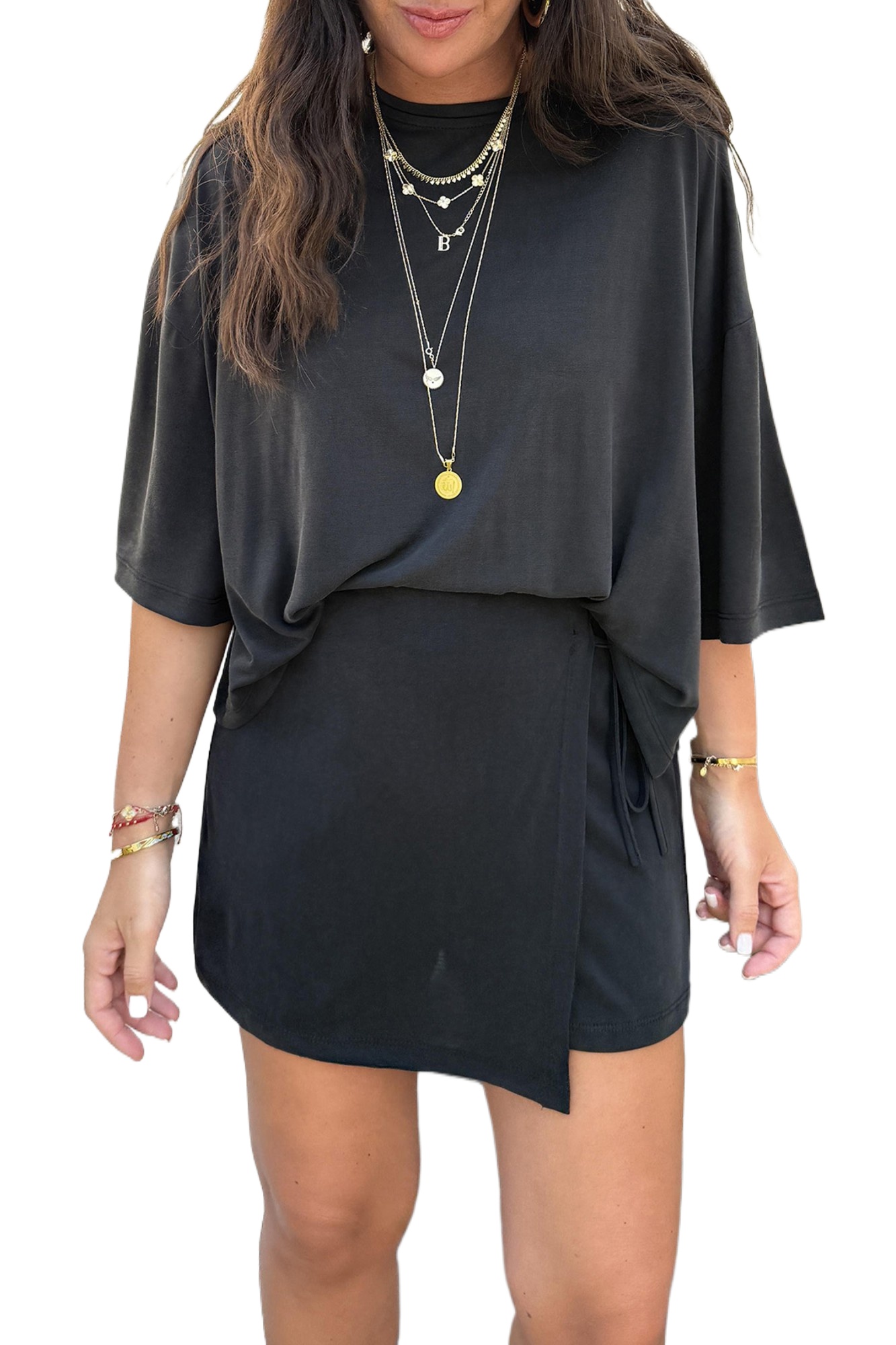 Women's 2-Piece Summer Outfit – Oversized Short Sleeve Tee and Tie Wrap Mini Skort Set, Black - Main View Women's 2-Piece Summer Outfit – Oversized Short Sleeve Tee and Tie Wrap Mini Skort Set, Black - Main View