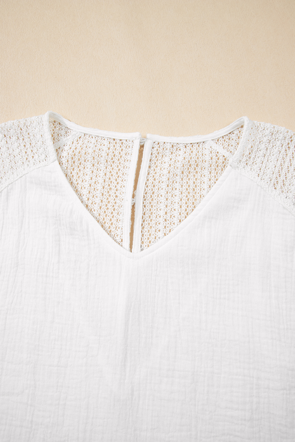 Stylish White V Neck Tee with Unique Button Back and Intricate Lace Crochet Detail - Detail View 10 Stylish White V Neck Tee with Unique Button Back and Intricate Lace Crochet Detail - Detail View 10