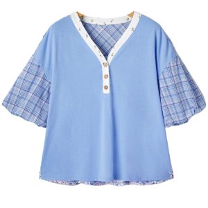 Women's Beau Blue Color Block Plaid Blouse with Bubble Sleeves – Casual Summer Style - Main View