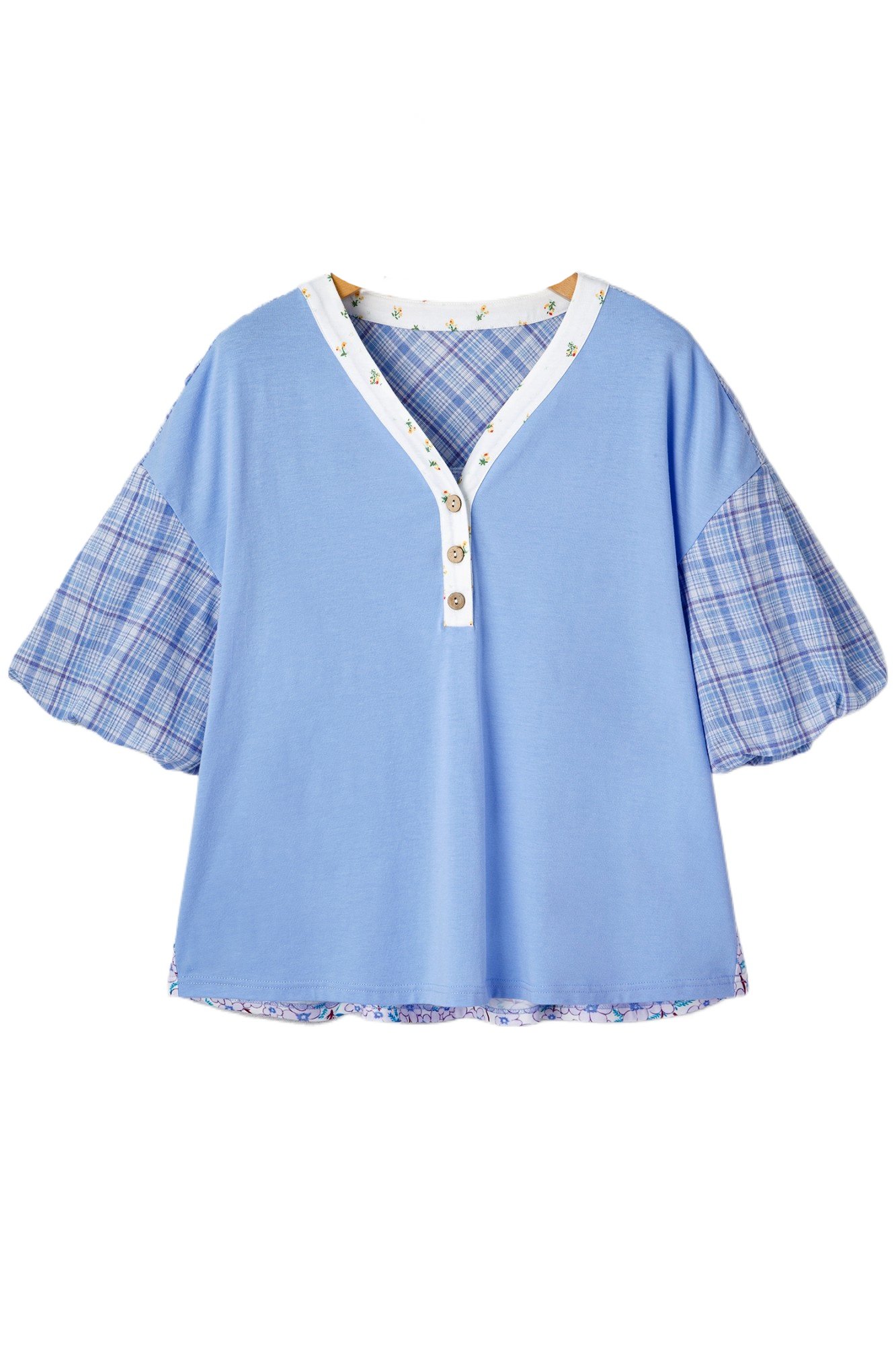 Women's Beau Blue Color Block Plaid Blouse with Bubble Sleeves – Casual Summer Style - Main View Women's Beau Blue Color Block Plaid Blouse with Bubble Sleeves – Casual Summer Style - Main View