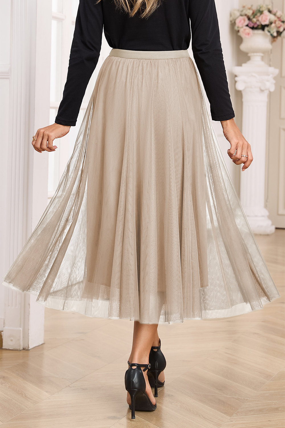 Women's Solid Apricot Mesh Overlay Skirt – High Waisted Flared Summer Midi Skirt for Vacation - Detail View 2 Women's Solid Apricot Mesh Overlay Skirt – High Waisted Flared Summer Midi Skirt for Vacation - Detail View 2