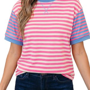 Women's Striped Colorblock Tee – Casual Loose Summer Shirt - Main View