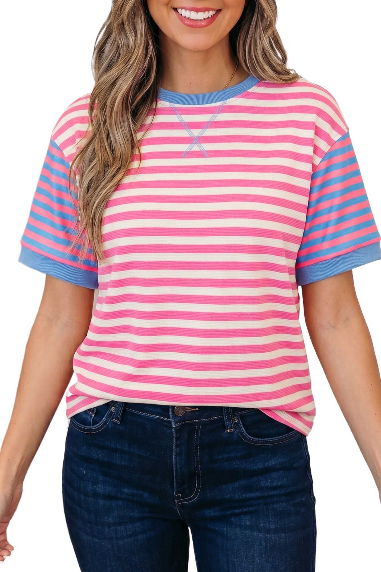 Women's Striped Colorblock Tee – Casual Loose Summer Shirt - Main View Women's Striped Colorblock Tee – Casual Loose Summer Shirt - Main View