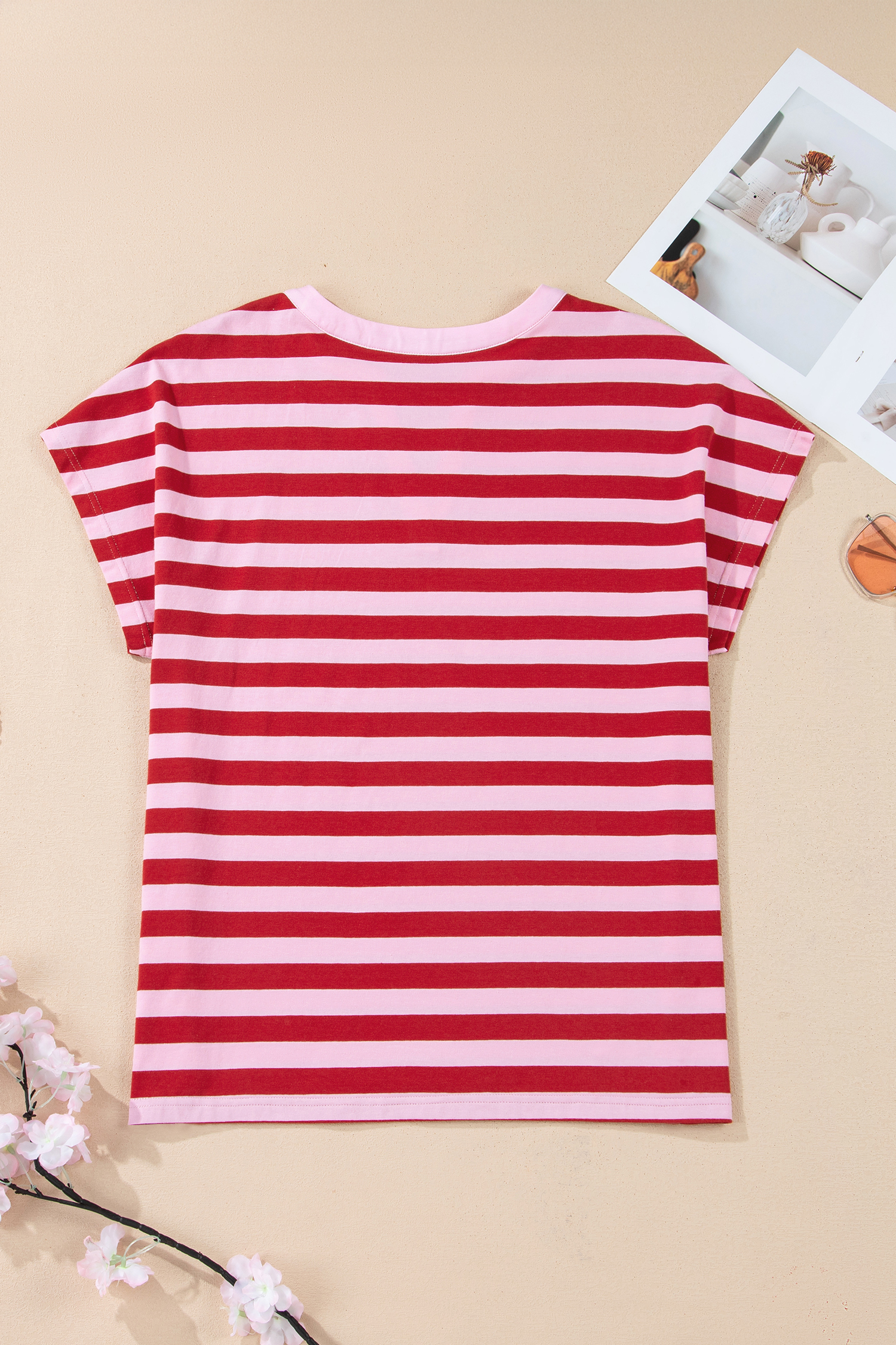 Women's Pink Stripe Split V Neck Casual Tee – Perfect for Daily Wear - Detail View 5 Women's Pink Stripe Split V Neck Casual Tee – Perfect for Daily Wear - Detail View 5