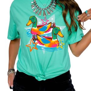 Women's Mint Green Duck T Shirt, Western Graphic Summer Top - Main View