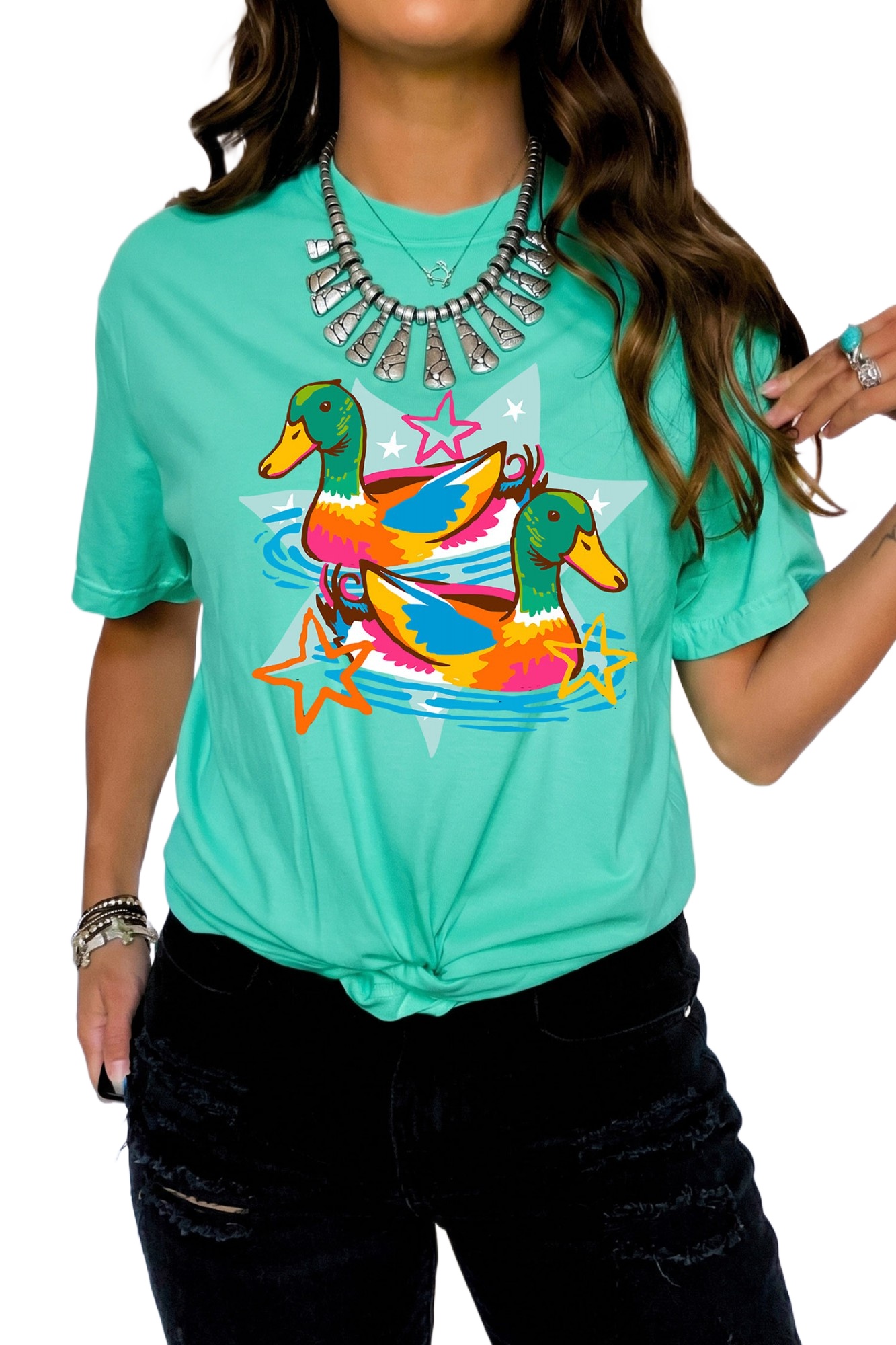 Women's Mint Green Duck T Shirt, Western Graphic Summer Top - Main View Women's Mint Green Duck T Shirt, Western Graphic Summer Top - Main View