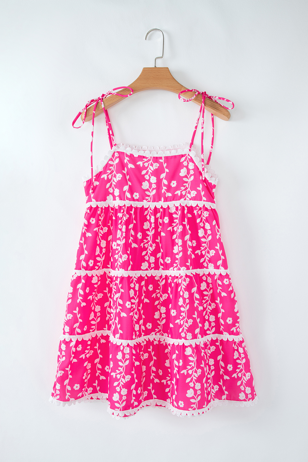 Women's Pink Floral Print Ric Rac Patched Sleeveless Mini Dress with Tie Shoulders - Detail View 13 Women's Pink Floral Print Ric Rac Patched Sleeveless Mini Dress with Tie Shoulders - Detail View 13