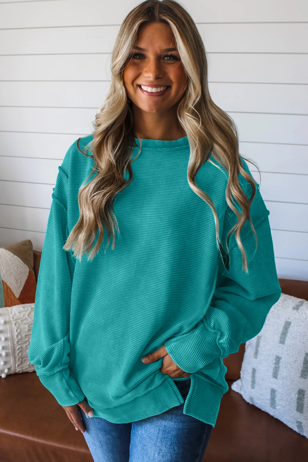 Casual Women's Sea Green Ribbed Drop Shoulder Pullover for Autumn Days - Detail View 10 Casual Women's Sea Green Ribbed Drop Shoulder Pullover for Autumn Days - Detail View 10