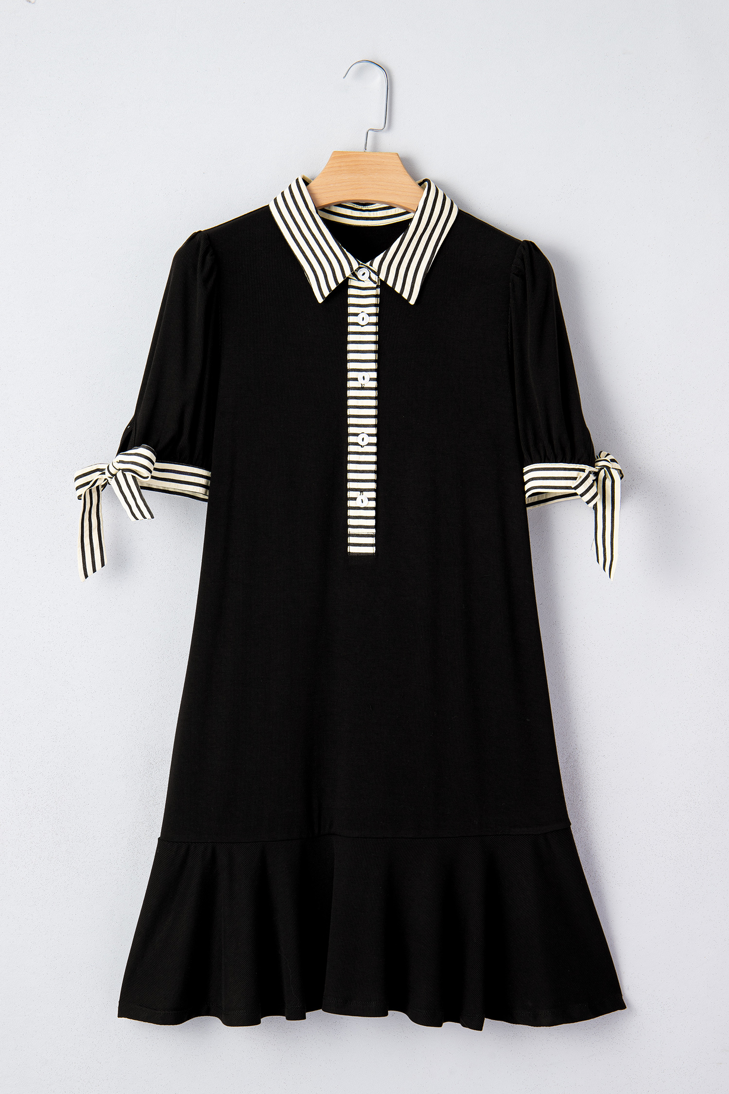 Chic Black Stripe Polo Collar Mini Dress – Perfect for Daily Wear and Graduation Events - Detail View 5 Chic Black Stripe Polo Collar Mini Dress – Perfect for Daily Wear and Graduation Events - Detail View 5