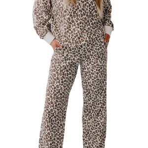Women's Leopard Print Pant Set, Casual Long Sleeve Loungewear - Main View