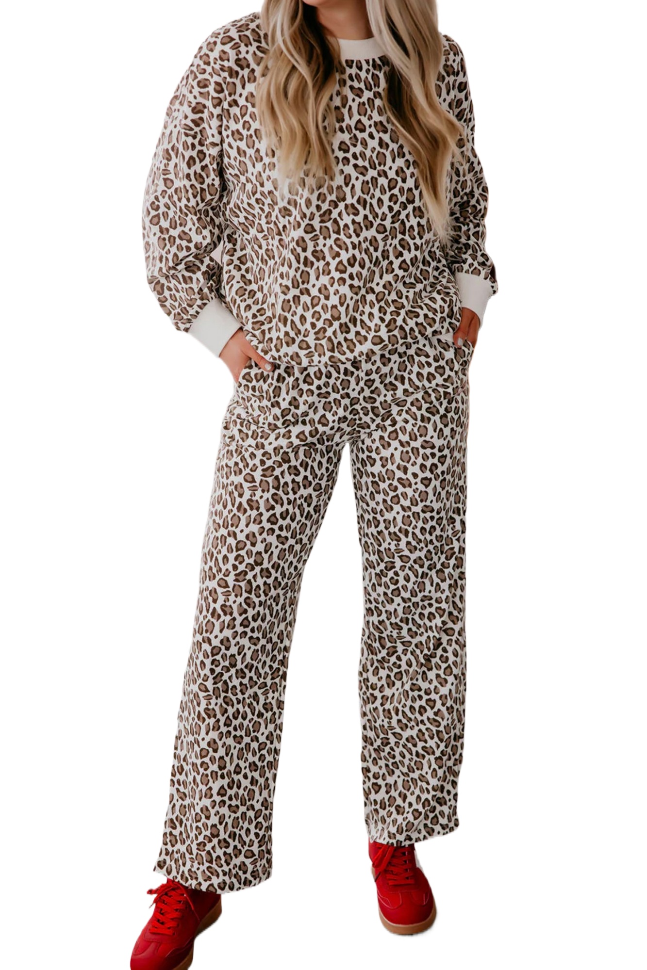 Women's Leopard Print Pant Set, Casual Long Sleeve Loungewear - Main View Women's Leopard Print Pant Set, Casual Long Sleeve Loungewear - Main View