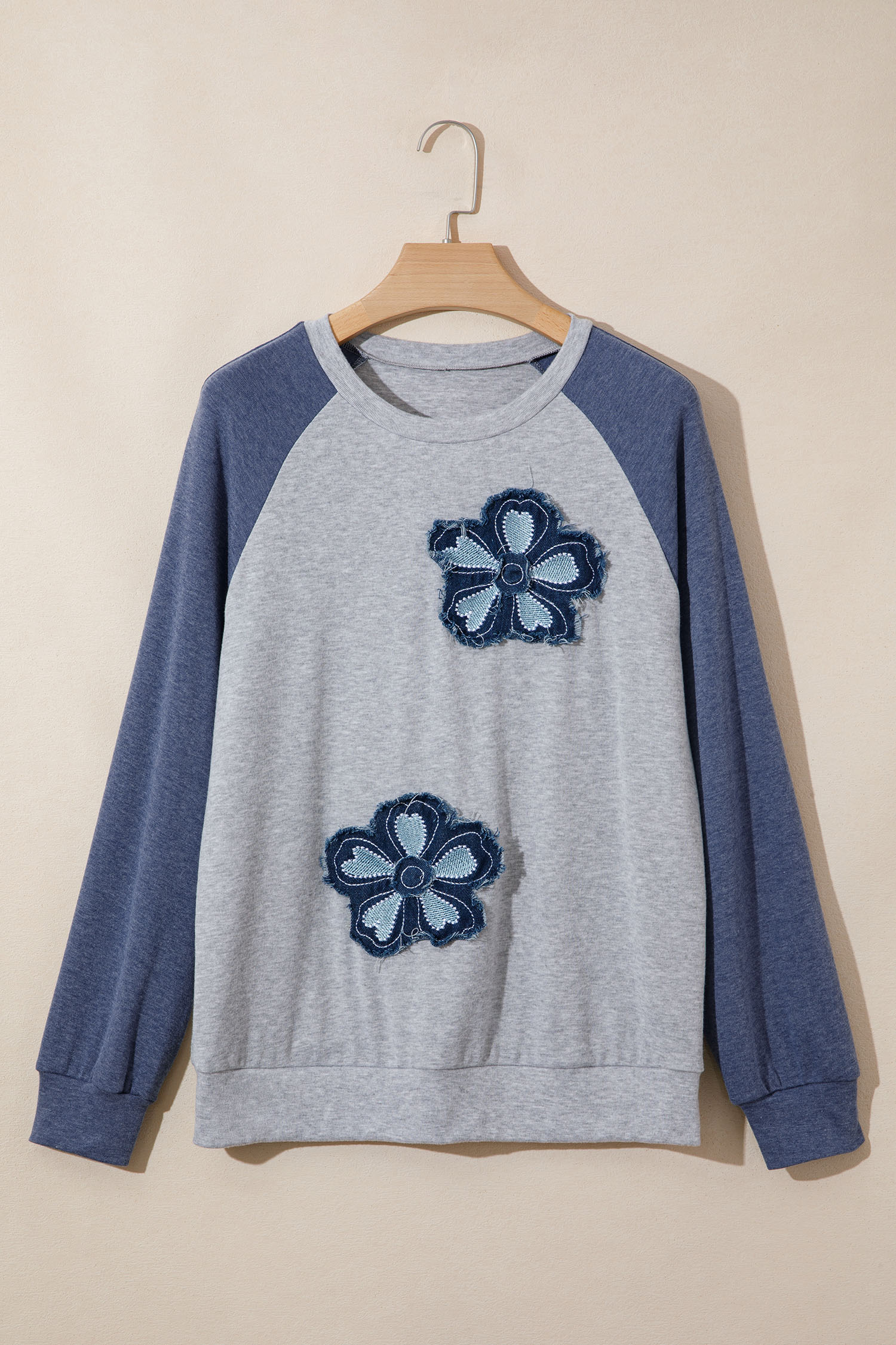 Casual Long Sleeve Raglan Shirt for Women – Dark Blue Floral Embroidery Color Block Top - Detail View 2 Casual Long Sleeve Raglan Shirt for Women – Dark Blue Floral Embroidery Color Block Top - Detail View 2