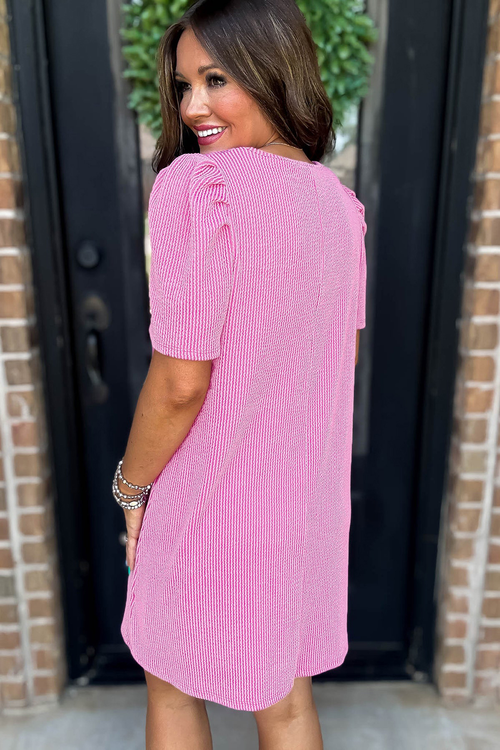 Chic and Stylish Bright Pink Mini Dress with Puff Sleeves - Perfect for Daily Wear - Detail View 2 Chic and Stylish Bright Pink Mini Dress with Puff Sleeves - Perfect for Daily Wear - Detail View 2