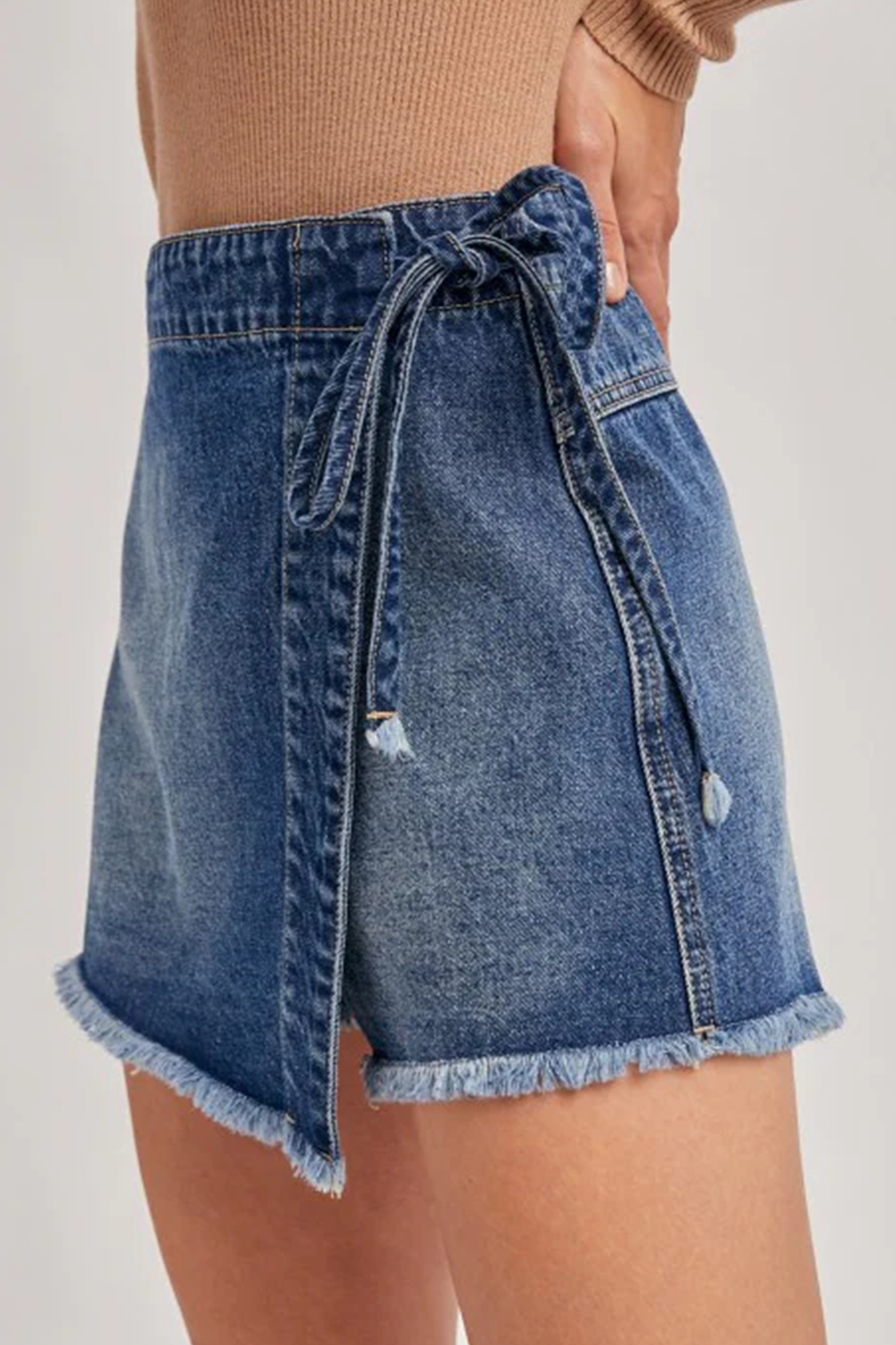 Southern Belle Women's Denim Skort – Ashleigh Blue Tied Waist High Rise Skirt Shorts for Vacation - Detail View 3 Southern Belle Women's Denim Skort – Ashleigh Blue Tied Waist High Rise Skirt Shorts for Vacation - Detail View 3