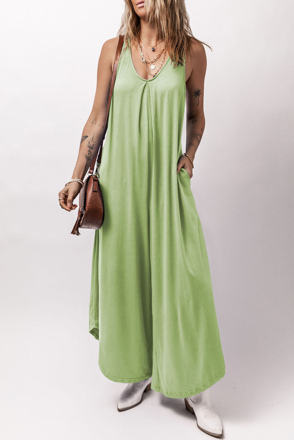 Women's V-Neck Summer Jumpsuit – Loose Wide Leg Sleeveless Shift Romper, Grass Green Casual Wear - Detail View 5 Women's V-Neck Summer Jumpsuit – Loose Wide Leg Sleeveless Shift Romper, Grass Green Casual Wear - Detail View 5