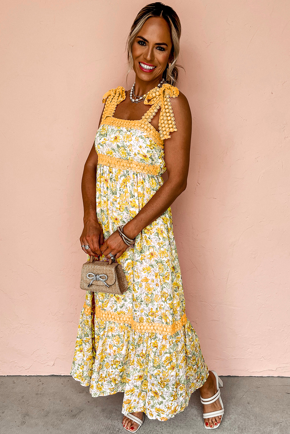 Elegant Banana Cream Floral Lace Long Dress – Perfect for Summer Getaways and Casual Wear - Detail View 6 Elegant Banana Cream Floral Lace Long Dress – Perfect for Summer Getaways and Casual Wear - Detail View 6