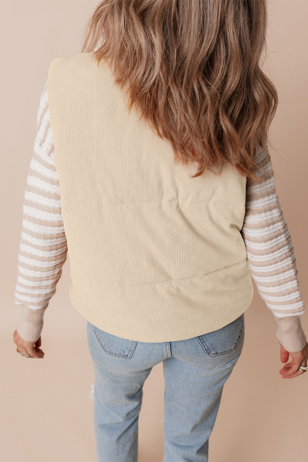Casual Beige Corduroy Puffer Vest with Zipper for Women in Winter - Detail View 2 Casual Beige Corduroy Puffer Vest with Zipper for Women in Winter - Detail View 2