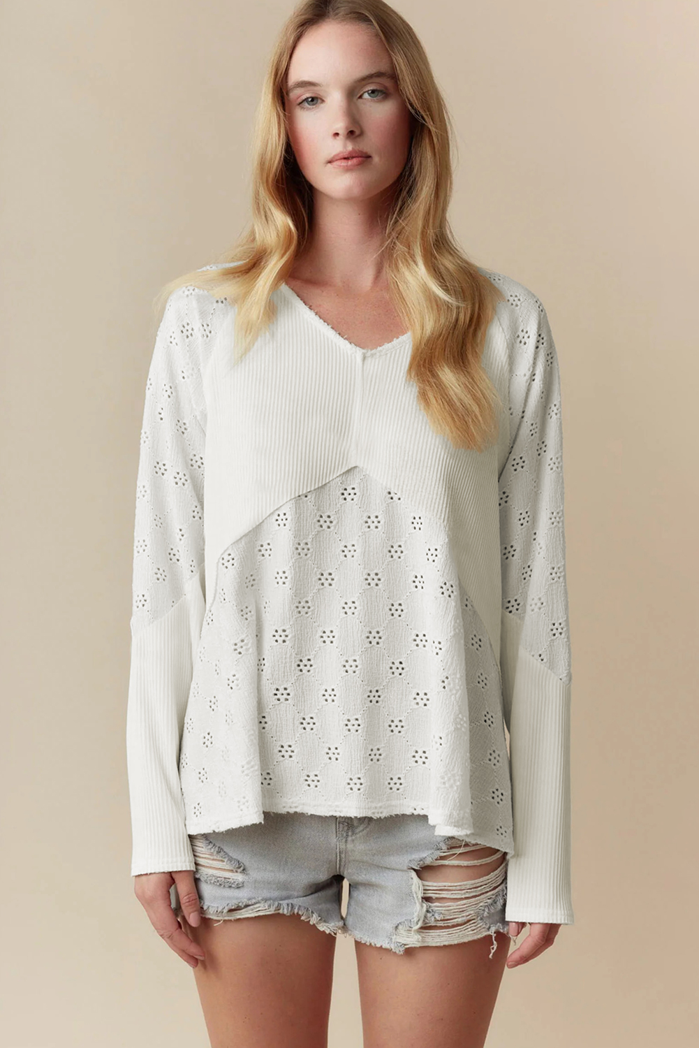 Women's Top, White Top, V Neck, Long Sleeve, Patchwork, Embroidery, Casual Style, Daily Wear, Ribbed Fabric, Comfortable, Shift Silhouette, Spring Fashion, Elegant Design, Versatile, Everyday Wear - Detail View 8 Women's Top, White Top, V Neck, Long Sleeve, Patchwork, Embroidery, Casual Style, Daily Wear, Ribbed Fabric, Comfortable, Shift Silhouette, Spring Fashion, Elegant Design, Versatile, Everyday Wear - Detail View 8