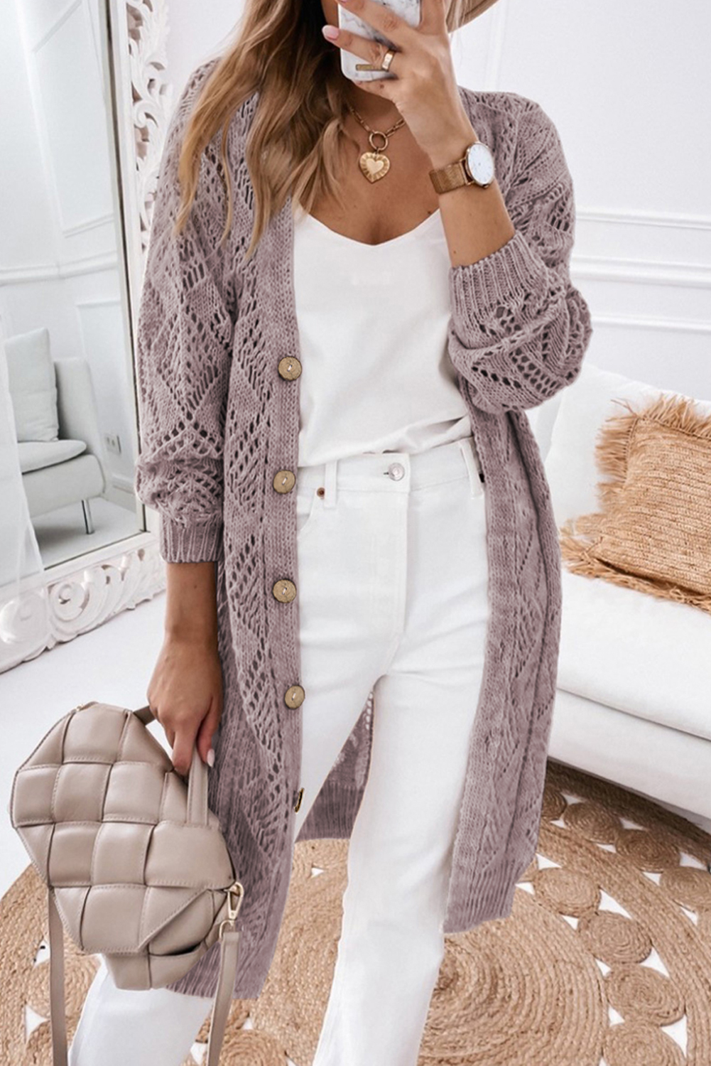 Purple Cardigan, Hollow-out Knit, Openwork Design, Long Sleeve, Casual Style, Fall Fashion, Autumn Wear, Daily Outfits, Sheath Silhouette, Twisted Details, Comfortable Layering, Women's Sweater - Detail View 8 Purple Cardigan, Hollow-out Knit, Openwork Design, Long Sleeve, Casual Style, Fall Fashion, Autumn Wear, Daily Outfits, Sheath Silhouette, Twisted Details, Comfortable Layering, Women's Sweater - Detail View 8
