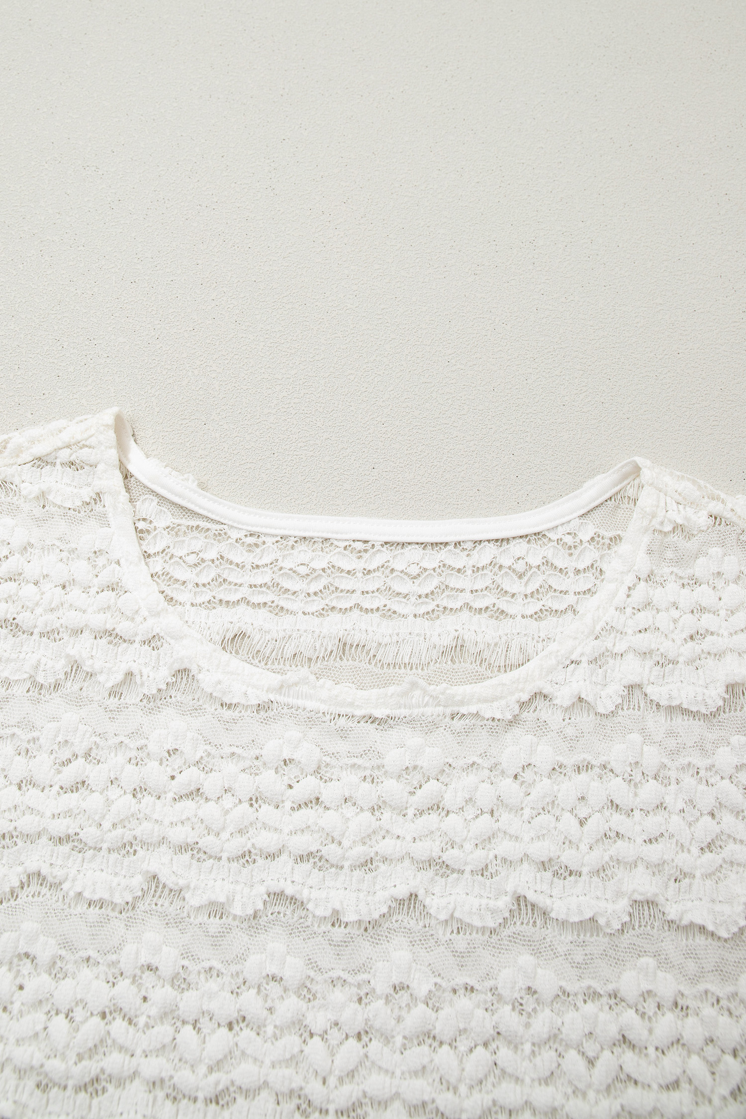 Women's White Sheer Lace Short Sleeve Top – Casual Round Neck Blouse for Summer Daily Wear - Detail View 7 Women's White Sheer Lace Short Sleeve Top – Casual Round Neck Blouse for Summer Daily Wear - Detail View 7