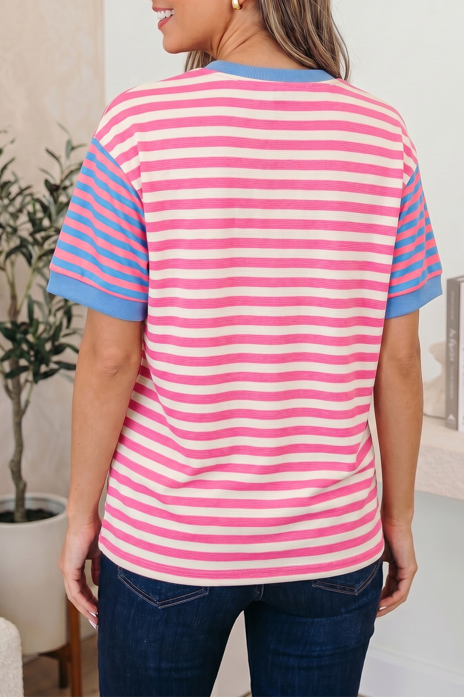 Women's Pink Stripe Short Sleeve Tee – Contrast Patchwork - Detail View 2 Women's Pink Stripe Short Sleeve Tee – Contrast Patchwork - Detail View 2