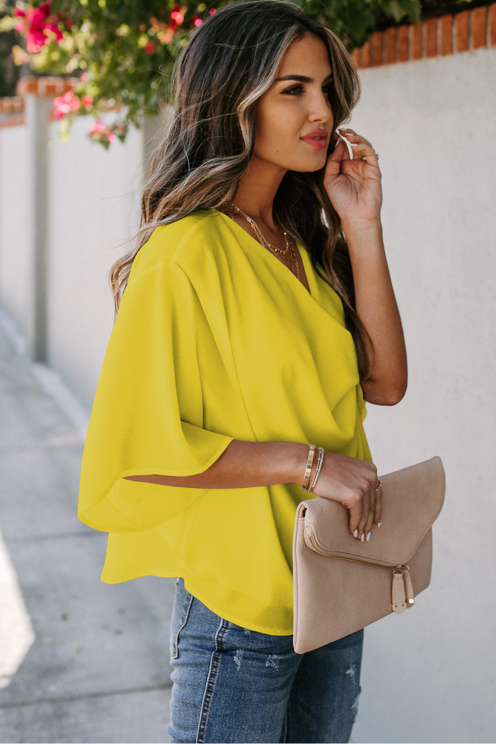 Casual V-Neck Draped Blouse for Women – Summer Half Sleeve - Detail View 8 Casual V-Neck Draped Blouse for Women – Summer Half Sleeve - Detail View 8