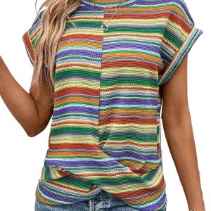 Women's Multicolor Striped Pattern Twist Hem Short Sleeve Top for Casual Wear - Main View