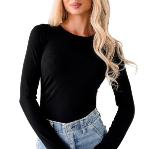 Women's Black Ribbed Long Sleeve Bodysuit – Casual Sheath Top for Daily Wear - Main View