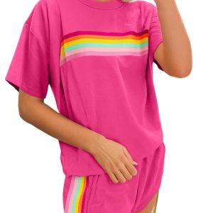 Women's Rose Red Vibrant Striped Athleisure Set – Stylish 2-Piece Short Outfit for Summer - Main View