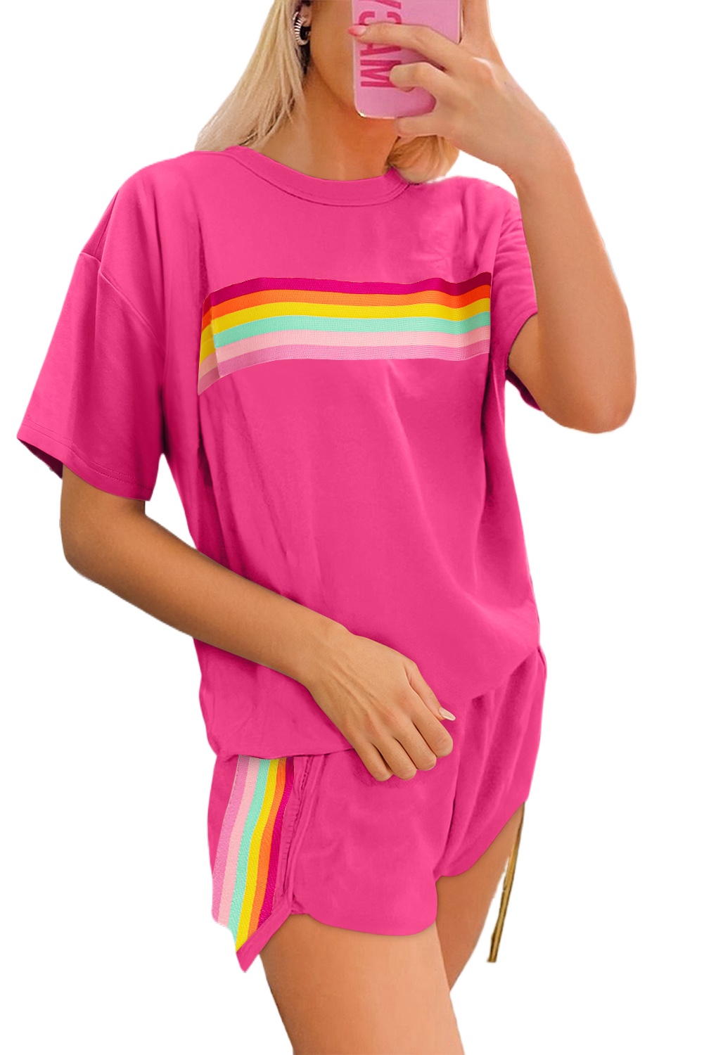 Women's Rose Red Vibrant Striped Athleisure Set – Stylish 2-Piece Short Outfit for Summer - Main View Women's Rose Red Vibrant Striped Athleisure Set – Stylish 2-Piece Short Outfit for Summer - Main View