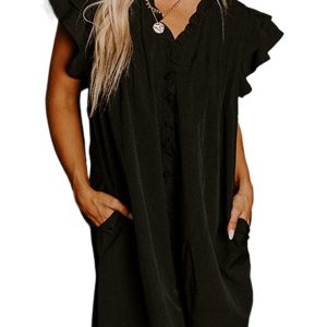 Women's Elegant Black Frilled V Neck Pleated Ruffle Detail Short Shift Dress - Main View