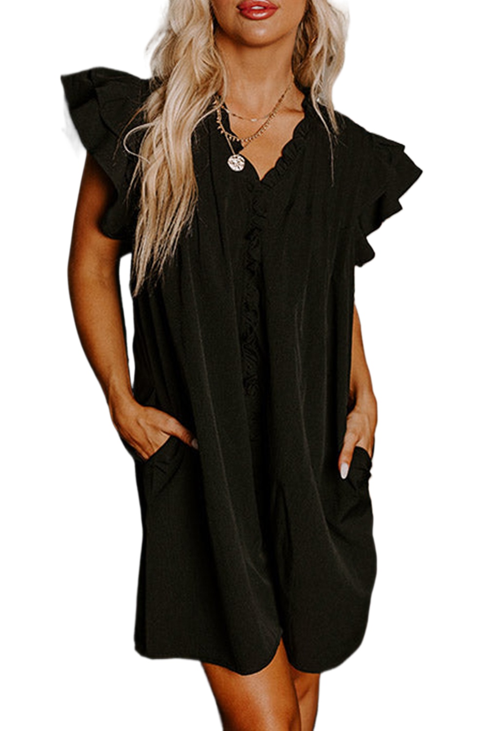 Women's Elegant Black Frilled V Neck Pleated Ruffle Detail Short Shift Dress - Main View Women's Elegant Black Frilled V Neck Pleated Ruffle Detail Short Shift Dress - Main View