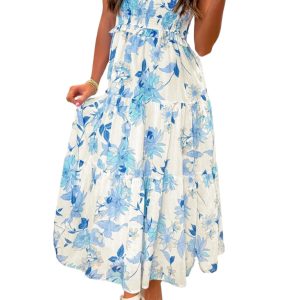 Women's Sky Blue Floral Maxi Dress – Smocked High Waist Sleeveless Summer Sundress, Elegant Long A-Line Style - Main View