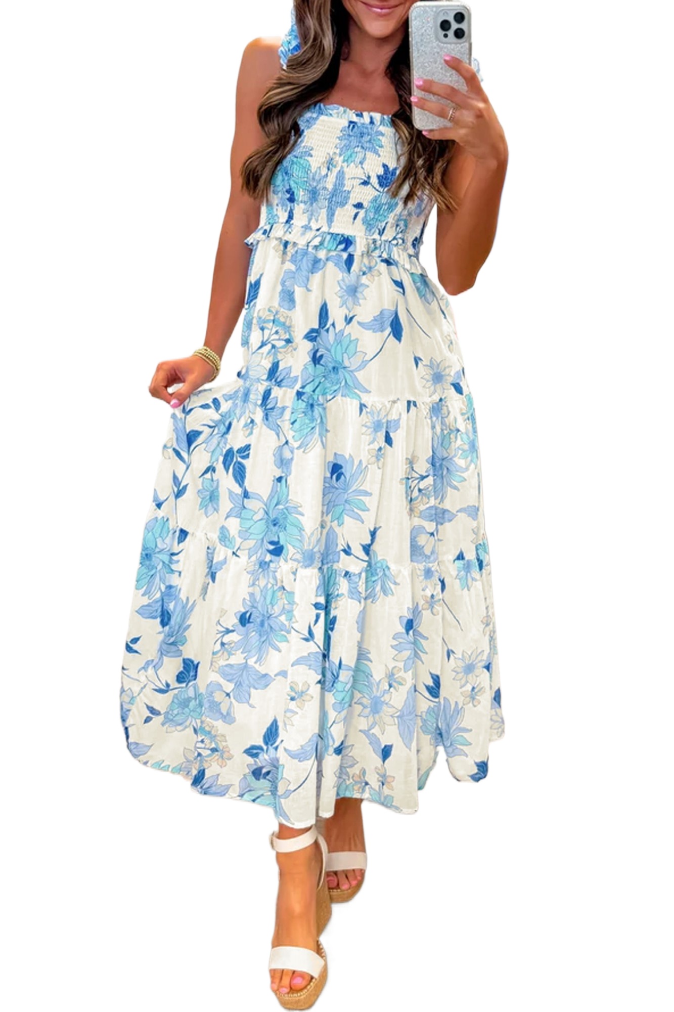 Women's Sky Blue Floral Maxi Dress – Smocked High Waist Sleeveless Summer Sundress, Elegant Long A-Line Style - Main View Women's Sky Blue Floral Maxi Dress – Smocked High Waist Sleeveless Summer Sundress, Elegant Long A-Line Style - Main View